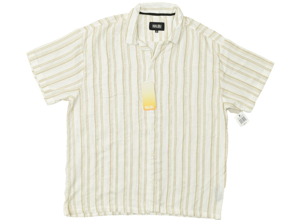 New Malibu 2X Big & Tall Textured Striped Cuban Collar Short Sleeve Shirt NWT